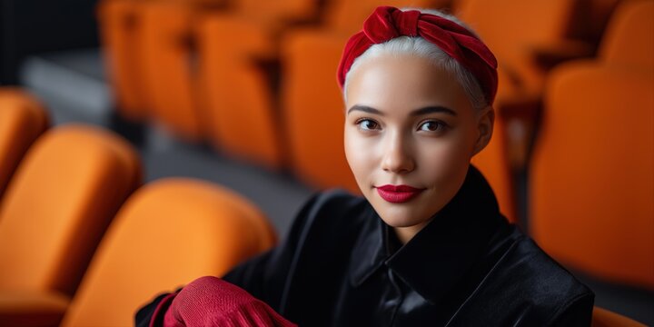 Young asian female with red headband and gloves in theater setting