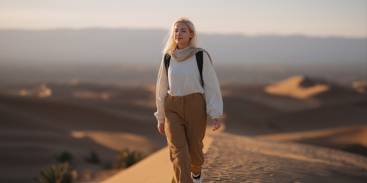 Young caucasian female exploring vast desert dunes at sunset