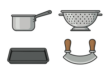 Collection of essential kitchen tools including saucepan, colander, baking tray, and mezzaluna knife
