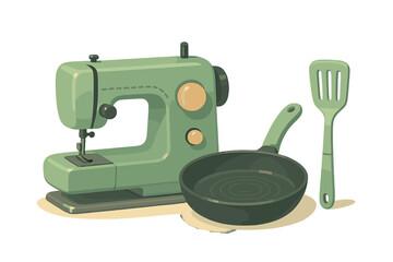 Retro sewing machine, frying pan, and kitchen spatula in a sage green color palette