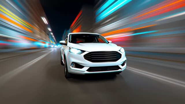 Dynamic white car speeds through illuminated city streets at night, showcasing vibrant light trails and motion blur, camera follows with a smooth dolly movement, emphasizing speed and excitement