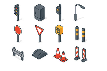Isometric set of urban traffic control devices, road signs, traffic lights, barriers, and cones