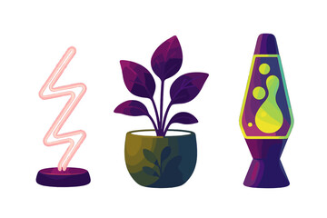 Vibrant retro and modern objects set featuring neon lightning sign, potted plant, and lava lamp