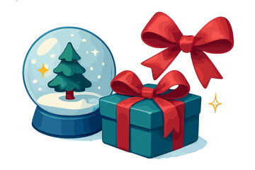 Festive holiday snow globe with Christmas tree and wrapped gift box tied with a bright red bow