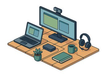 Modern isometric remote work desk setup with laptop, monitor, and accessories