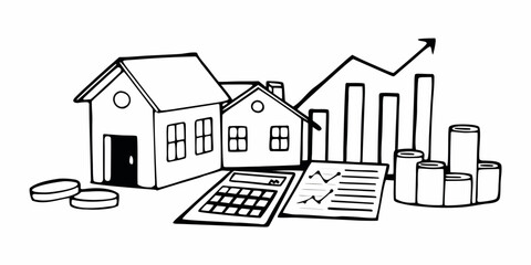 Fototapeta premium Houses with financial growth chart and calculator illustrating real estate investment success on transparent background