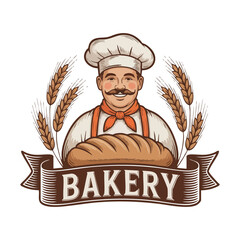 Cheerful baker with mustache holding loaf of bread wheat and bakery banner chef