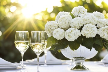 Elegant Hydrangea Centerpiece for Dinner Table in Soft Focus with Golden Light