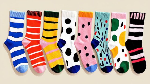 Colorful collection of patterned socks displayed in a row, showcasing vibrant designs and textures, with a gradual zoom out revealing the full array of styles and colors in a playful arrangement