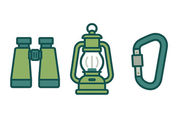 Essential gear set for outdoor camping: binoculars, vintage lantern, and carabiner clip