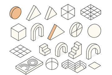 Minimalist isometric geometric shapes set featuring various abstract 3D forms and elements in soft colors