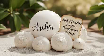 White seashells and anchor with handwritten friendship quote
