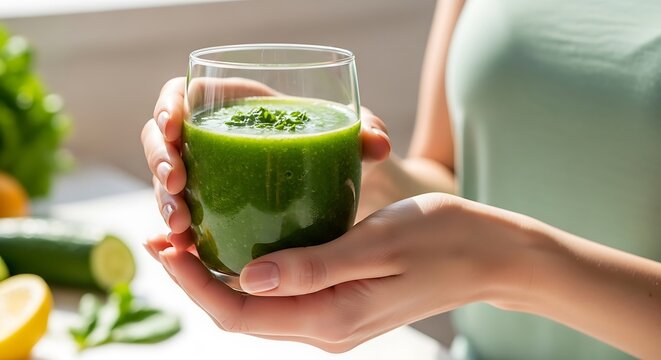 Woman holding a glass of fresh green smoothie, healthy drink concept.