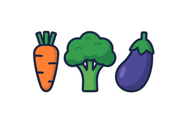Brightly colored set of healthy vegetables featuring carrot, broccoli, and eggplant