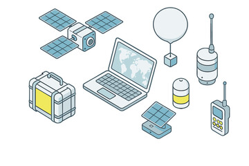 Isometric set of remote communication technology devices: satellite, laptop, radio, solar panel, and rugged case