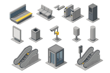 Isometric subway and train station infrastructure with escalators, benches, turnstiles, and security equipment