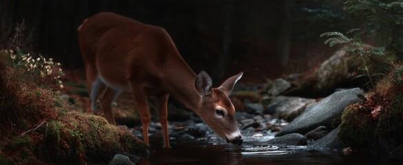 Naklejka premium The woodland deer drinks gently from the stream bathed in peaceful forest calm.