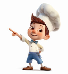 Wesoły mały kucharz w czapce kucharskiej wskazuje ręką, urocza postać dla dzieci.