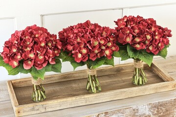 Beautiful Hydrangeas Arranged on a Rustic Wooden Tray for Charming Home Decor