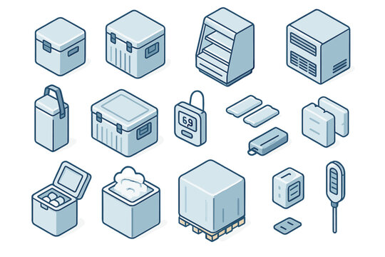 Isometric cold chain logistics equipment including portable coolers, refrigerated display cases, ice packs, and thermometers