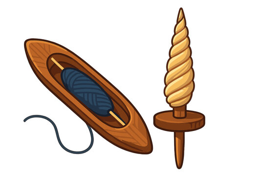 Historical textile tools including a wooden weaving shuttle and a yarn spindle