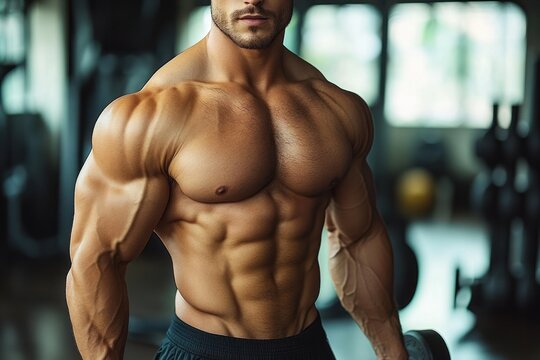 close-up of muscular male torso and arms showing defined muscles and veins in a gym setting with blurred background - Powered by Adobe