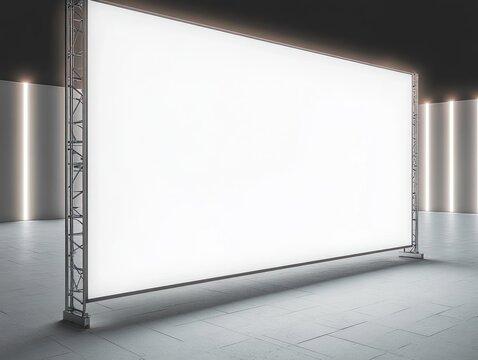 Large empty illuminated rectangular screen on metal frame in a dark modern indoor space with vertical light panels on walls