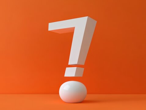 3d white question mark symbol balanced on glossy white egg-shaped object against bright orange background