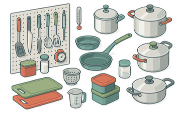 Collection of essential kitchen tools and cooking equipment set on a white background