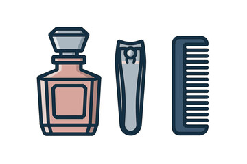 Beauty and hygiene accessories set with perfume bottle nail clipper and hair comb