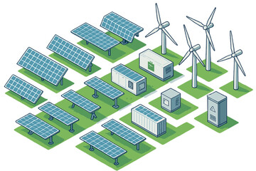 Solar panels, wind turbines, and energy storage containers in an isometric layout © icon_art