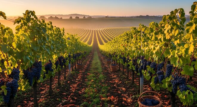 Sunrise over a picturesque vineyard with rows of grapevines stretching into the misty distance, bathed in golden light.