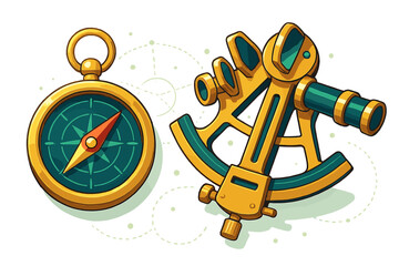 Vintage brass sextant and golden pocket compass used for traditional maritime navigation