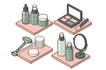 Isometric beauty and skincare product collection featuring cosmetic bottles, makeup palette, and facial roller