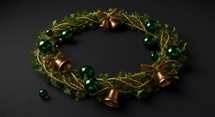 Elegant Christmas Wreath with Green Ornaments and Golden Bells o