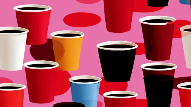 Colorful assortment of disposable cups in various shapes and sizes, arranged artistically against a vibrant pink background, showcasing a dynamic visual flow, camera pans across the scene