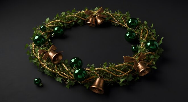 Elegant Christmas Wreath with Green Ornaments and Golden Bells o