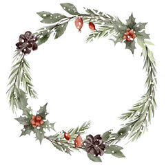 Winter botanical wreath. Greenery circle with pinecones and red accents.
