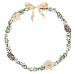 Minimal Christmas wreath. Elegant botanical circle with pinecones and soft ribbon.