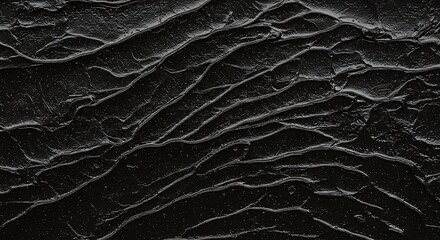 Close-up of thickly applied black paint, revealing textured ridges and valleys across the surface