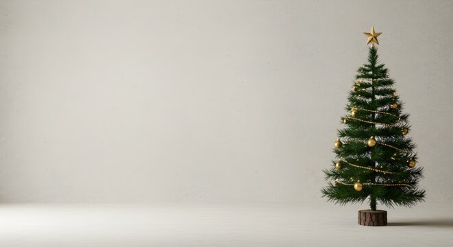 Elegant Christmas Tree with Gold Decorations on a Minimalist Bac