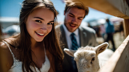 Wedding couple interacting with lamb beside fence for rustic farm celebration