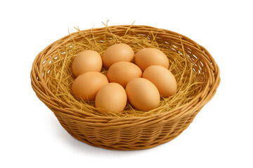 Brown eggs in wicker basket with straw nest