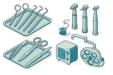 Isometric collection of medical and dental instruments: drills, mirrors, scalpels, scissors, and surgical light