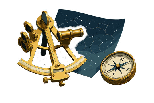 Golden brass sextant and vintage magnetic compass with a celestial constellation map