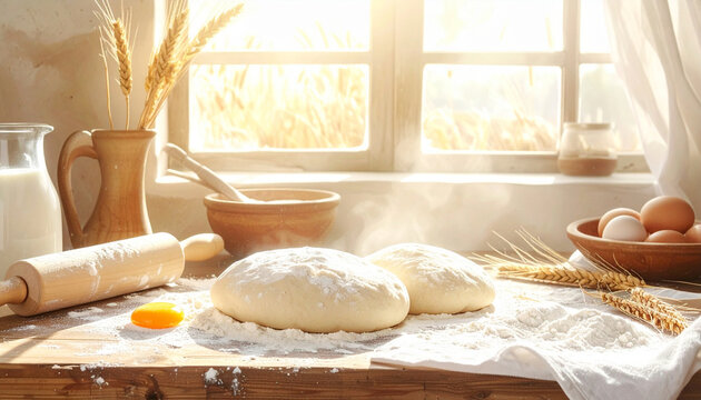 Sunlit Window illuminates a rustic kitchen scene with freshly kneaded dough, eggs, and baking ingredients, evoking warmth and homemade goodness - Powered by Adobe