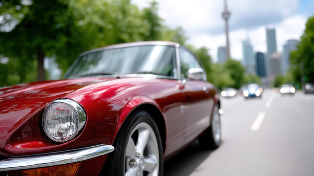 Retro red car driving on sunlit highway in urban setting with city skyline view