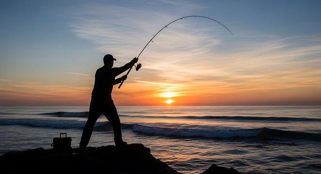 Silhouette of a fisherman casting his line into the ocean at sunset, capturing the serene beauty of the moment.