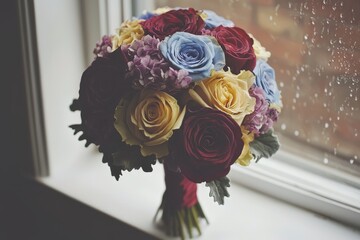 Cozy Morning Light through Window with Beautiful Bouquet of Roses and Hydrangeas