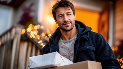 Evening glow near doorway with fir garland on wooden railing and twin packages delivery festive winter setting